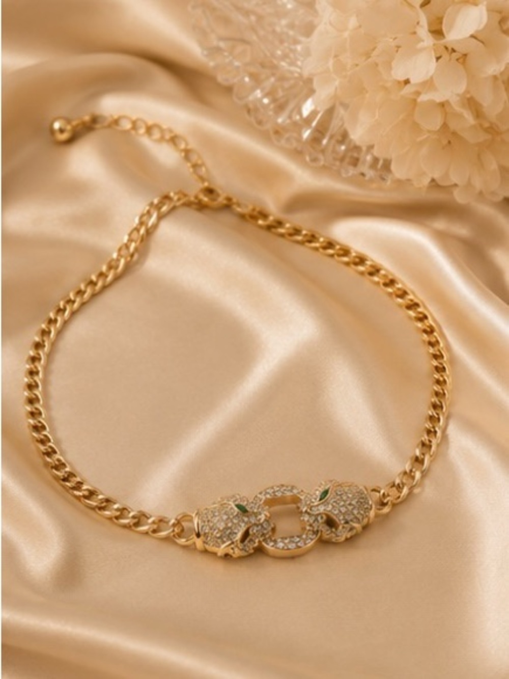 Gold Panther Chain Necklace Crystal Leopard Clasp Necklace Statement Luxe Jewelr